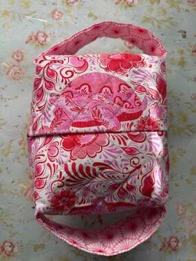 Handmade Zip Pouch Makeup Cosmetic Storage Bag Pink Floral Square-Shaped